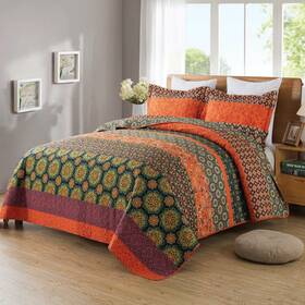 Travan 712109421463 Boho Stripe Quilt Sets Floral Printed Reversible Soft Bohemian Bedding Set Wi