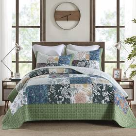 Travan 712109423634 Cotton Quilt Set With Real Patchwork Retro Impressionist Abstract Bedd