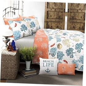 16t002241 Triangle Home Fashions Coastal Reef Feather Reversible Quilt Set 7 Piece King Blue And Coral
