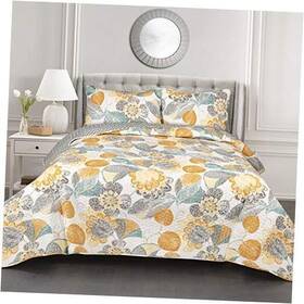 16t003519 Triangle Home Fashions Full Queen Layla Quilt Floral Leaf Print 3 Piece Full/queen Yellow And Gray
