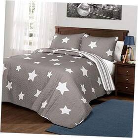 16t003524 Triangle Home Fashions Star Quilt - Reversible 2 Piece Pattern Striped Bedding Set Full/queen Gray