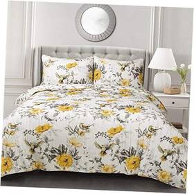 16t003527 Triangle Home Fashions Penrose Floral 3 Piece Quilt Set Yellow And Gray King