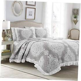 16t003763 Triangle Home Fashions Lucianna Ruffle Edge Cotton 3 Piece Bedspread Set King Gray