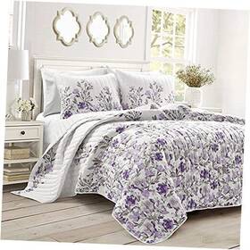 16t004668 Triangle Home Fashions Tanisha Reversible Floral Quilt Set 3 Piece Full/queen Gray And Purple