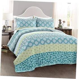 16t004807 Triangle Home Fashions Bohemian Stripe Reversible Cotton Quilt Set 3 Piece - King Blue And Green