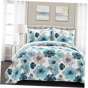 16t005047 Triangle Home Fashions Leah Reversible Floral 3 Piece Set - Charming King Blue Quilt