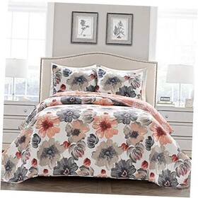 16t005048 Triangle Home Fashions Leah Reversible Floral 3 Piece Set - Full/queen Coral And Gray Quilt