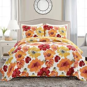 16t005050 Triangle Home Fashions Leah Reversible Floral 3 Piece Set Full/ Full/queen Red And Orange Quilt