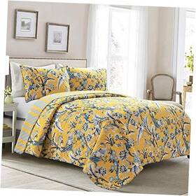 16t005083 Triangle Home Fashions Dolores Reversible Cotton Quilt Set 3 Piece King Yellow And Blue - Toile