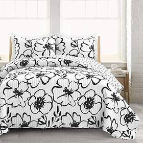 16t005523 Triangle Home Fashions Scandinavian Floral 3 Piece Quilt Set Full/queen Black And White