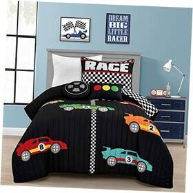 16t006079 Triangle Home Fashions Racing Cars 4 Piece Quilt Set Twin Black