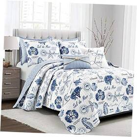 Triangle Home Fashions 194938001915 Harbor Life Reversible Quilt Set 7 Piece - Striped Nautical King Indigo