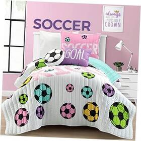 Triangle Home Fashions 194938052283 Girls Soccer Kick Reversible Oversized 4 Piece Twin White And Turquoise Quilt Set