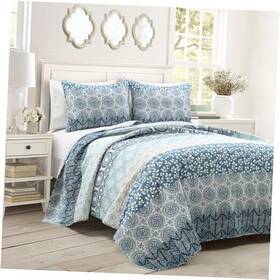 Triangle Home Fashions 194938054874 Bohemian Stripe Reversible Cotton Quilt Set 3 Piece Full/queen Navy And Blue