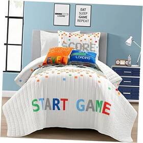 Triangle Home Fashions 194938055826 Video Games Reversible Oversized 4 Piece Twin White Quilt Set