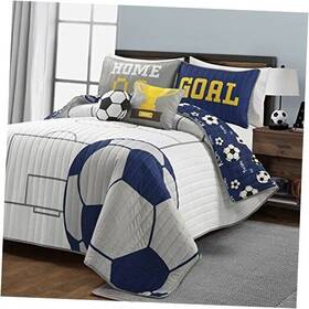 Triangle Home Fashions 194938056663 Soccer Game Reversible Oversized Kids 5 Piece Quilt Set Full/queen White And Navy