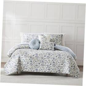 Triangle Home Fashions 194938078139 Lillian Block Print Reversible Quilt 6 Piece Set Blue King/cal King Blue/sage