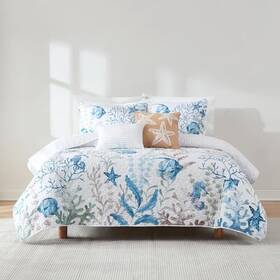 Triangle Home Fashions 194938078153 Oceana Watercolor Sea Life Quilt 5 Piece Set - Coastal King/cal King Blue
