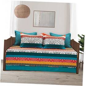 21t011109 Triangle Home Fashions Boho Stripe Quilted 3 Piece Cover Set Daybed Turquoise And Tangerine