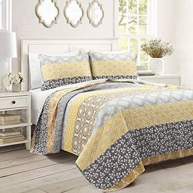 21t012047 Triangle Home Fashions Bohemian Stripe Reversible Cotton Quilt Set 3 Piece Full/queen Yellow And Gray