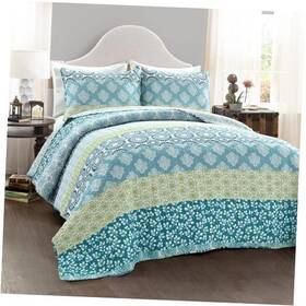 Triangle Home Fashions 848742092316 Bohemian Stripe Reversible Cotton Quilt Set 3 Piece Full/queen Blue And Green