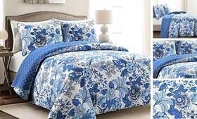 Triangle Home Fashions 848742097328 Sydney Reversible Cotton Quilt Set - Charming And Colorful King Navy White