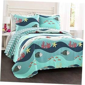 C21897p14-000 Triangle Home Fashions Sea Life Stripe 3 Piece Quilt Set Ocean Beach Fish Bedding Includes