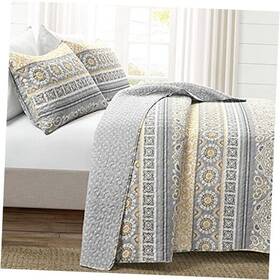 16t007656 Trianlge Home Fashions Nesco Stripe Reversible Cotton 3 Piece Set King Yellow And Gray Quilt