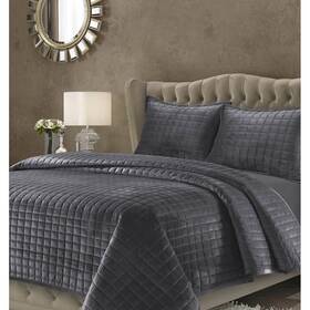 80427483 Tribeca Living Queen 3pc Florence Velvet Oversized Quilt Set Smoke Gray -