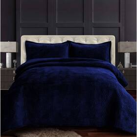 80431130 Tribeca Living Velvet Quilt Set Medallion Pattern Oeko-tex Navy Blue King