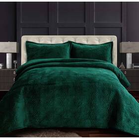 80431147 Tribeca Living 3pc Queen Capri Medallion Velvet Oversized Solid Quilt Set Emerald Green