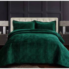 80431148 Tribeca Living 3pc King Capri Medallion Velvet Oversized Solid Quilt Set Emerald Green