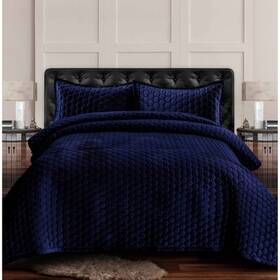 80431160 Tribeca Living 3pc King Lugano Honeycomb Velvet Oversized Solid Quilt Set Navy Blue