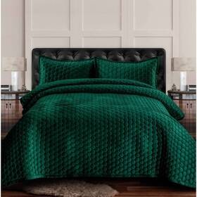 80431177 Tribeca Living 3pc Queen Lugano Honeycomb Velvet Oversized Solid Quilt Set Emerald Green