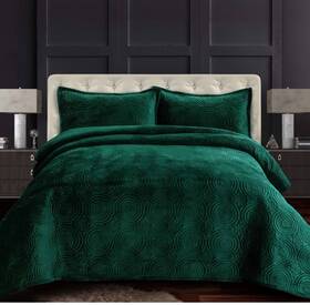 Tribeca Living 842941142476 King Size Velvet Quilt 3 Piece Set Emerald Millennial Mandalas