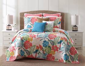 W003486132 Tropical Comforter Set Queen Floral Cotton Quilt Sham Pink Blue Green Bedding