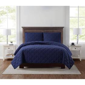 Qs3243nvfq-2600 Truly Soft Quilt Set Queen Size Machine Washable Modern Polyester Navy 3-piece