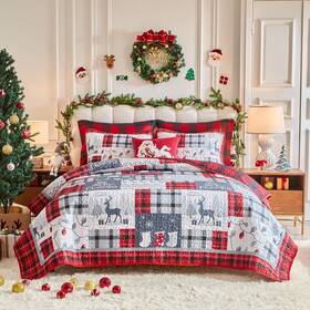 Syuqtsd01-k Uozzi Bedding Christmas Patchwork Quilt Set King Size 101 88 Red Black Plaid With White G