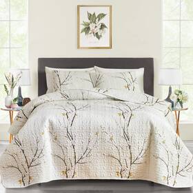 Uqt-20210303 Uozzi Bedding Quilt Set King Size Cream White With Black Branch 88x88 Soft Micr