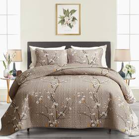 Uqt110-q Uozzi Bedding 3 Pieces Quilt Set Queen Full Size 88x88 Tan Gray Branch Floral Style Soft Re