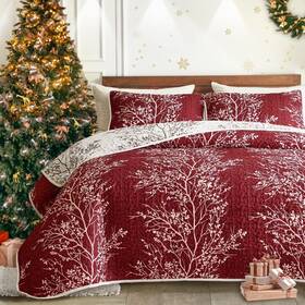 Uqt111-q Uozzi Bedding 3 Pieces Christmas Quilt Set Burgundy Red Branch Queen Size 88x88 Soft Microf