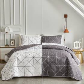 Uqt117-q Uozzi Bedding 3 Piece Reversible Quilt Set Plaid White And Gray Queen Full Size 88x88 Soft Mi