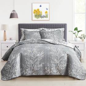 Uqt118-k Uozzi Bedding 3 Pieces Reversible Quilt Set Gray White Branch With Yellow Dots King Size 10