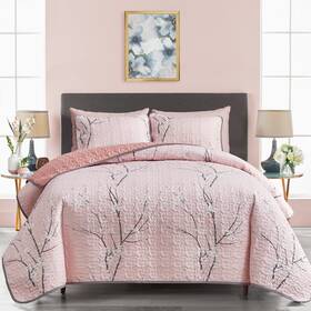 Uqt119-q Uozzi Bedding 3 Pieces Reversible Pink Branch Quilt Set Queen Full Size 88x88 Soft Microfiber