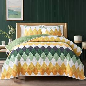 Uqt184-k Uozzi Bedding Yellow Green Rhomb Plaid Quilt Set 3pc King Size Reversible Coverlet Bedsprea