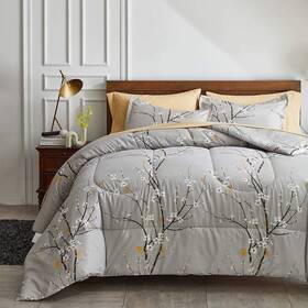 Uzbig02-q Uozzi Bedding Gray Comforter Sheet Set Bed In A Bag 7 Pieces Queen Size Tree Branch Bloom F