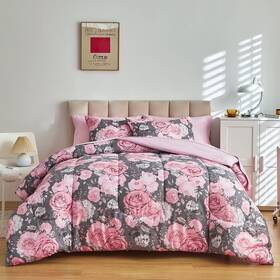 Uzbig186-k Uozzi Bedding Flower Comforter Sheet Set Gray Bed In A Bag 7 Pieces King Size Pink White Fl