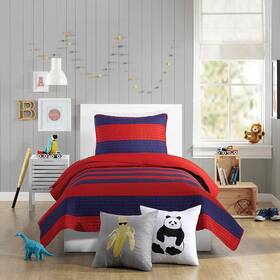 A010518rdnas Urban Playground Boys Twin Quilt Set - Red/navy Striped Soft Polyester Machine Washable