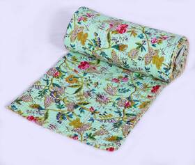Gdrs0425-twin V Vedant Designs Mint Green Indian Handmade Kantha Quilt Floral Print Cotton Bed Cover Throw