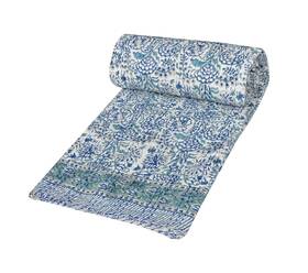 Gdrs0447-twin V Vedant Designs Indian Handmade Twin/queen Kantha Quilt Floral Print Blue Cotton Bedsp